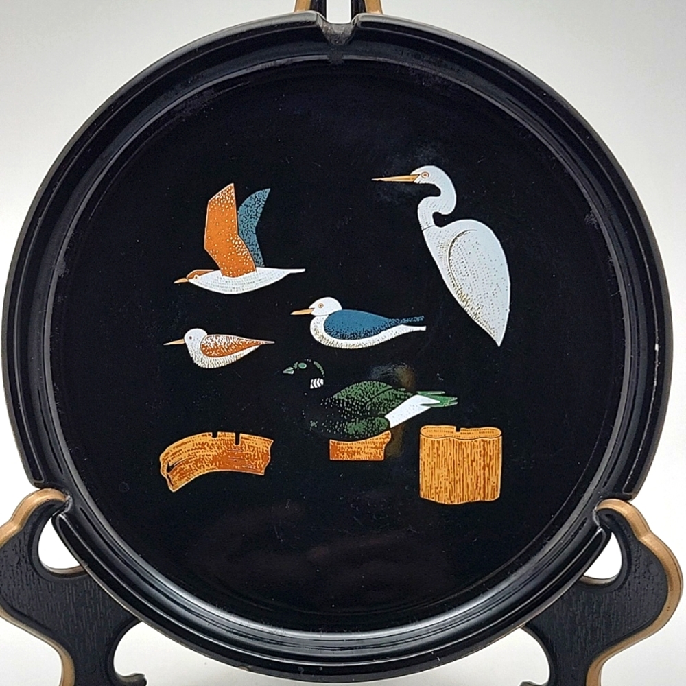 Vtg Otagiri Black Ceramic Birds Ashtray